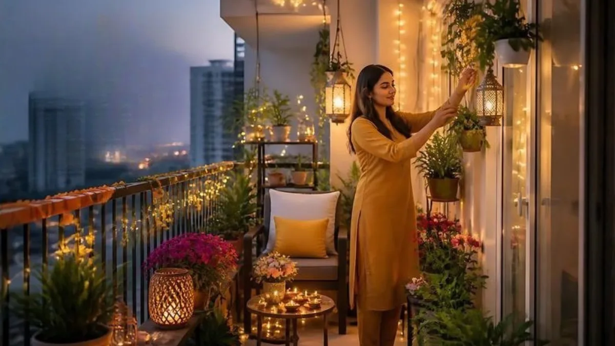 Diwali Decoration with Plants Ideas for Balcony, Entrance, and Living Room