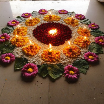 Eco-Friendly Rangoli with Leaves and Flowers